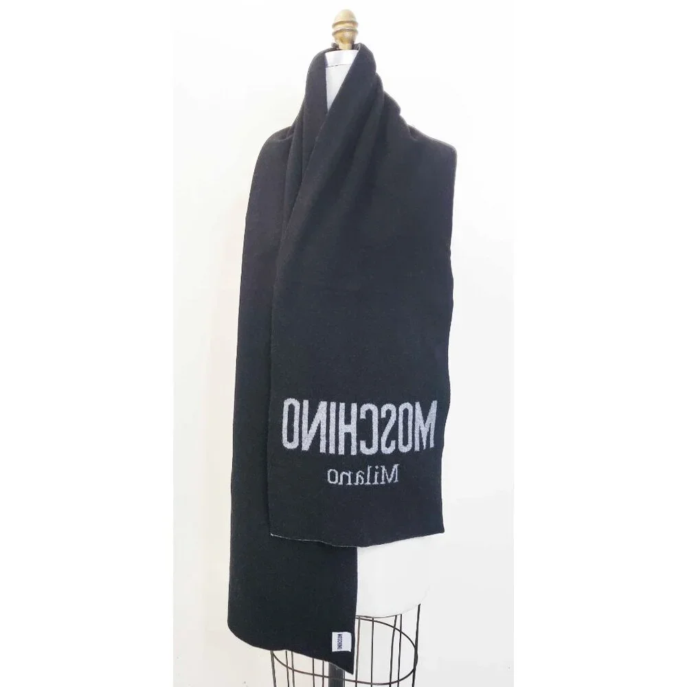 Moschino Unisex Wool Black Gray Logo Scarf Italy
